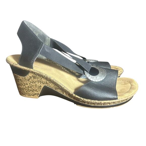 Rieker Regina Wedge Sandals Slip-On Elastic Straps, Black Sz 41 EU 9 1/2 US - Picture 1 of 10